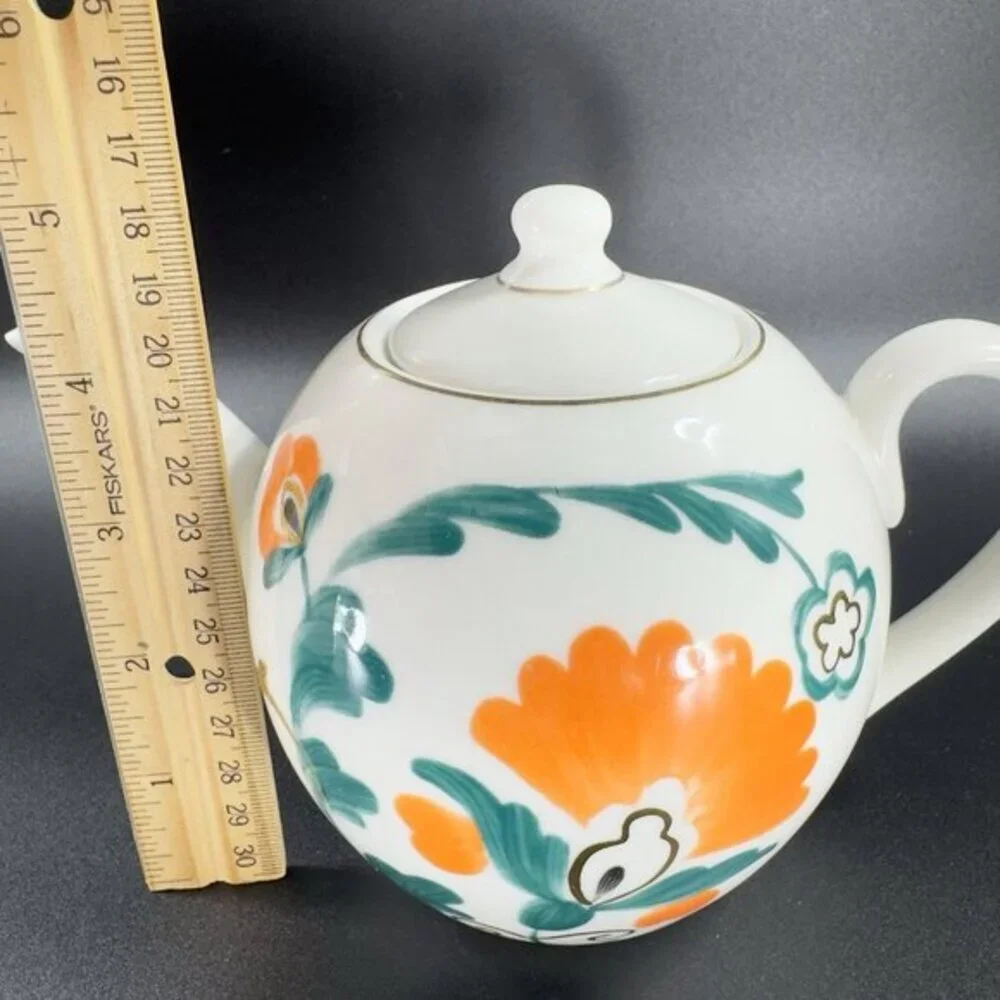 Anthropologie Stoneware‎ Ceramic Teapot Carafe Tea Pot With Green Orange Flowers